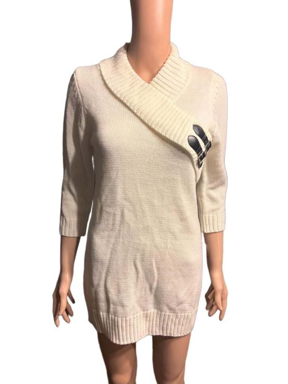 Takara by mymichelle company Cream Shawl Collar Sweater Dress with Buckle Detail